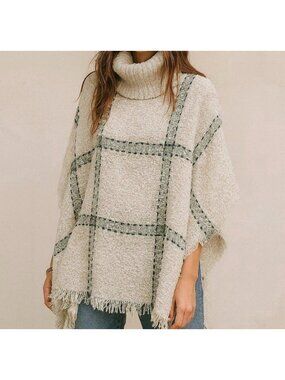World Market Plaid Knit Turtleneck Sweater Poncho one size